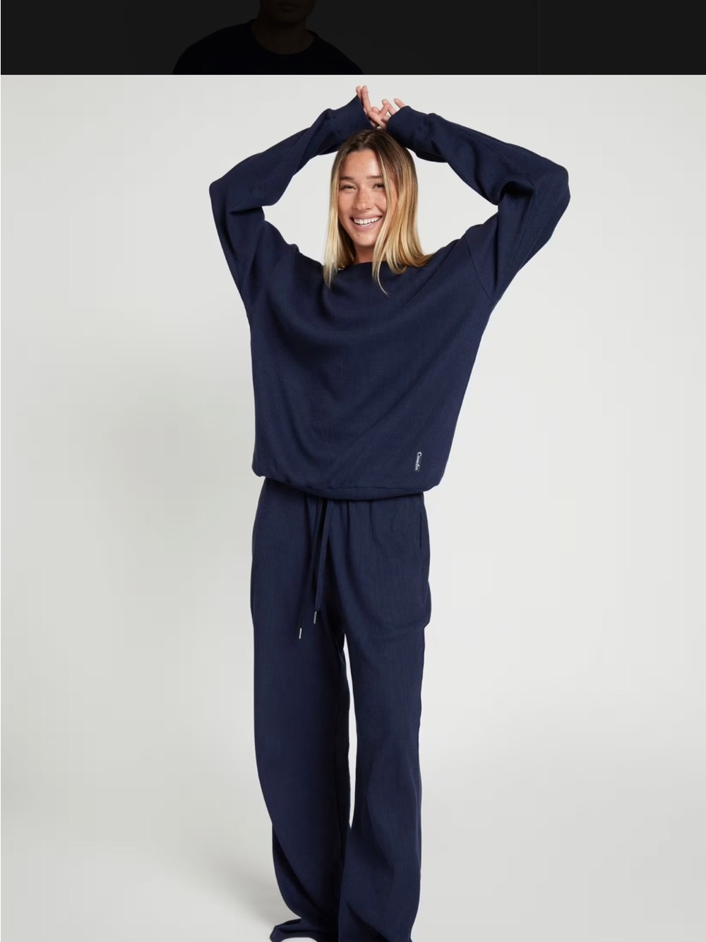 NWT- Navy Waffle-Knit Jogger Set — Relaxed Crewneck & Drawstring Pants - Picture 3 of 10